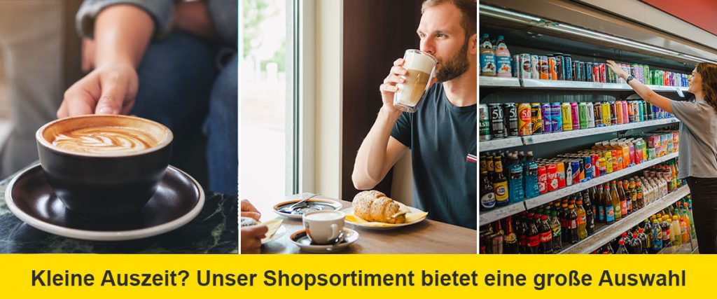Drei Bilder: eine Hand, die eine Kaffeetasse hält, eine Person, die an einem Tisch Kaffee mit einem Croissant trinkt, und eine weitere Person, die in einem Ladengang nach einem Getränk greift. Der Text auf Deutsch wirbt für die große Auswahl des Geschäfts.