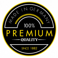 Schwarz-goldene runde Plakette mit Text: Made in Germany, 100% Premium Quality und Since 1882, mit Lorbeer-Akzenten und fetter, moderner Typografie - ideal für hochwertige Pflegeprodukte.