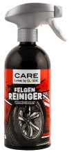 Eine Sprühflasche Care Line by Classic Felgen Reiniger aus der Reihe Pflegeprodukte mit einem rot-schwarzen Etikett, auf dem ein Autorad und ein Teil eines roten Autos abgebildet sind.
