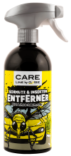 Eine Sprühflasche mit der Aufschrift CARE LINE von CLASSIC Schmutz & Insekten Entferner, auf der eine Fliegen- und Auto-Illustration abgebildet ist, weist auf diese Pflegeprodukte als wirksamen Schmutz- und Insektenentferner hin.